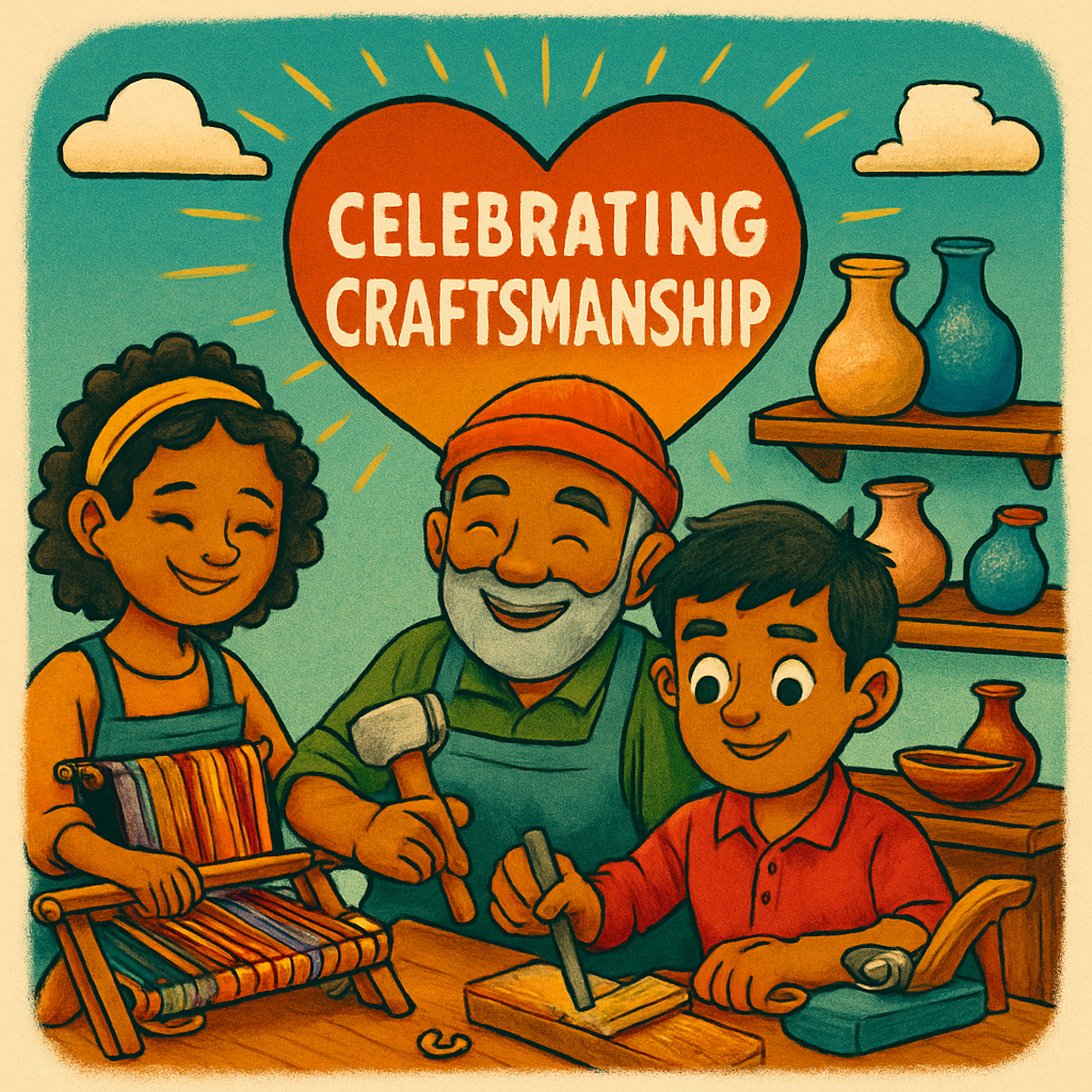A boy, a woman, and older man celebrate traditional crafts like woodworking, pottery, and weaving. Generated with ChatGPT.